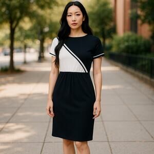 Vintage 80s Black White Color Block Midi Dress Retro Cap Sleeve Medium